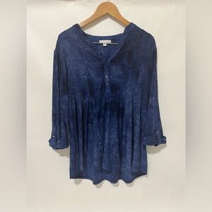 Westport Womens Blouse 3/4 Sleeve Roll Tab Blue Marble Watercolor Artsy Size 2X